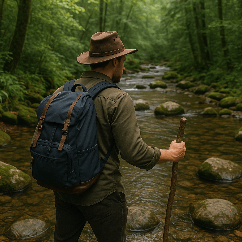 ChatGPT-created image of a hiker in the woods thinking about how best to cross a stream